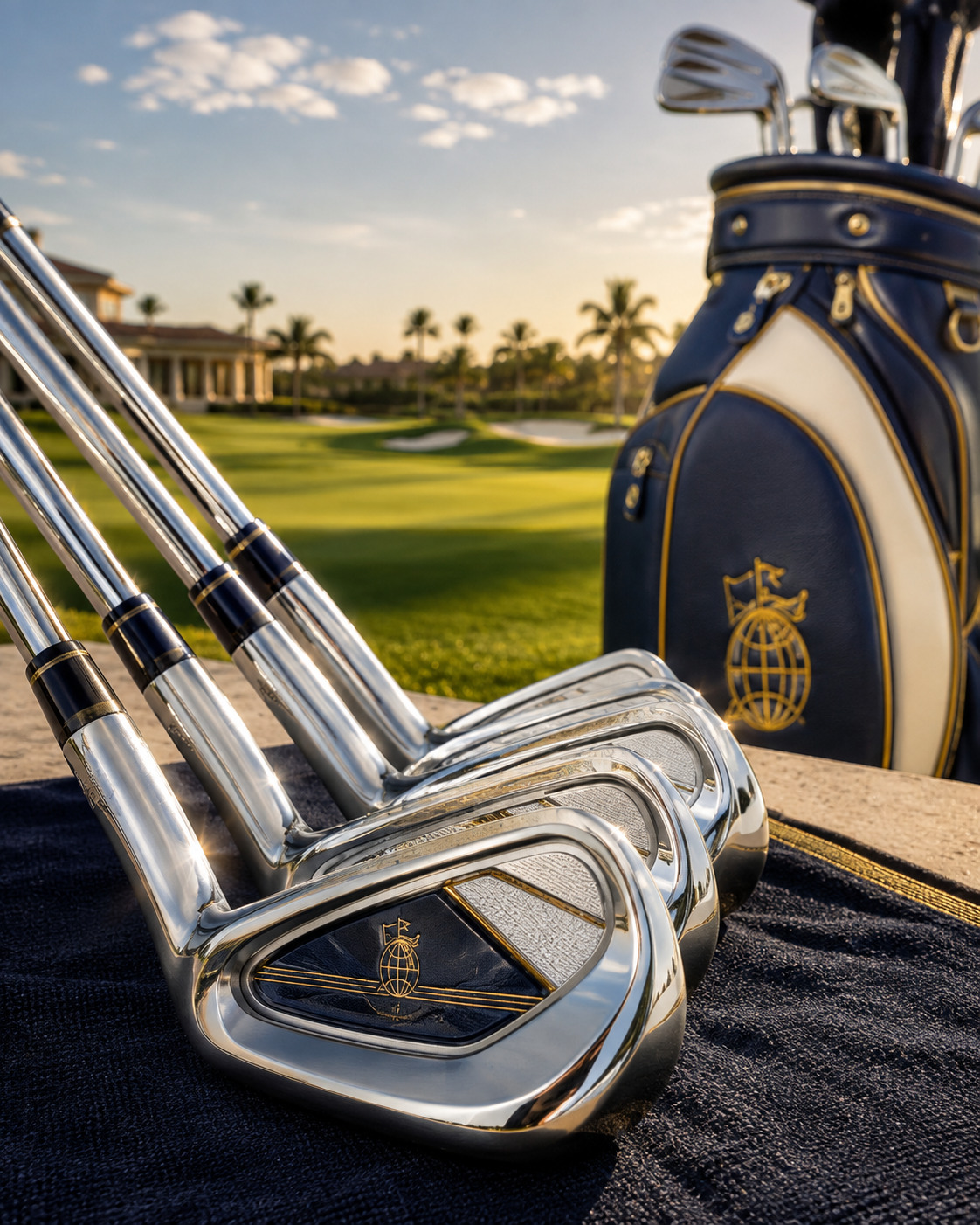 Golf irons and a navy and gold golf bag from The Global Golfer equipment collection